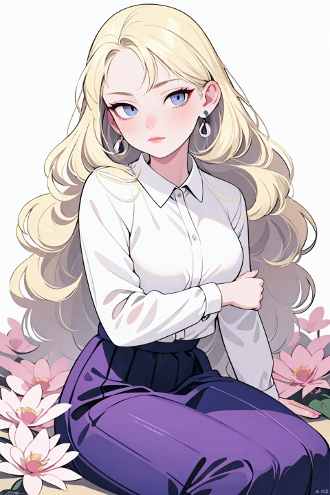 1girl, solo, long hair, looking at viewer, blue eyes, skirt, blonde hair, shirt, long sleeves, jewelry, sitting, closed mouth, white shirt, flower, earrings, puffy sleeves, lips, blue skirt, head tilt, grey eyes, wavy hair, blouse, pink flower, purple skirt, long skirt, Extremely simple lines