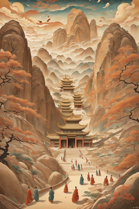 Chinese ancient style, time travel, mystery, illusion, dream back to Dunhuang, flying murals, imagination, grandeur, heavy color, rock color, seeking immortality, distant view, ancient style illustration, classical art, Chinese classical architecture, clouds, soft colors, stunning art,