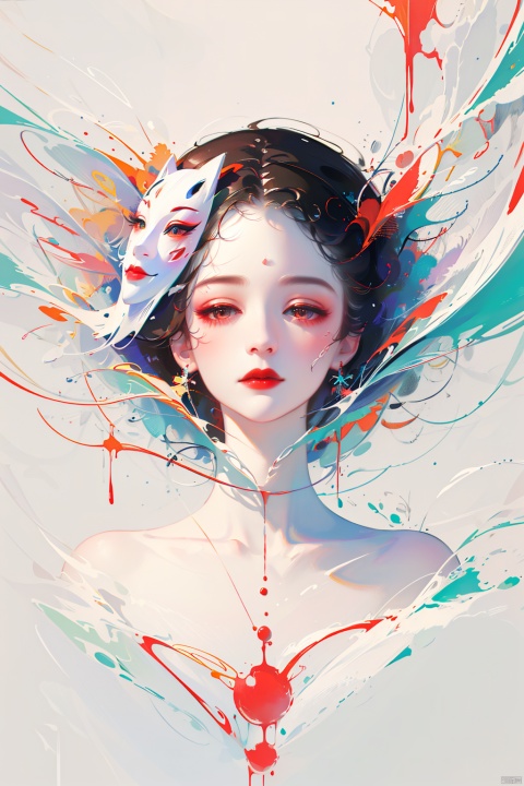  asterpiece, best quality, ultra high res, (extreme detailed), (1 beautiful girl), (abstract art:1.4), bleeding white, visually stunning, beautiful, evocative, emotional, ((white background)), white theme, goddess, cloud, mask, meiren-red lips, bpwc
