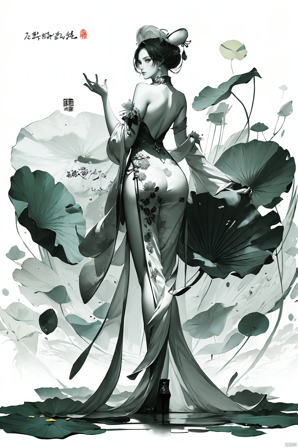 A royal elder sister, slim in height, with her back to the audience and wearing China cheongsam, looked back and smiled., lotus leaf, Ink scattering_Chinese style,yjmonochrome,Ink and wash style,hedress,Dynamic beauty, gorgeous lotus leaf background, Chinese style and classical art,hedress