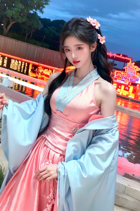  Surrealism Dream Style,glowing neon color,RAW photo,at night,1girl,solo,sea,black hair,ponytail,looking at viewer,long hair,up,lips,sash,water splaashing,hair ornament,realistic,wide sleeves,hanfu,long dress,Semi transparent gauze skirt,surrealist,Best quality,masterpiece,ultra high res,Petal skirt,wind,flowers,bloom,Clouds,smoke,neon lights, 80sDBA style, 1 girl, jujingyi