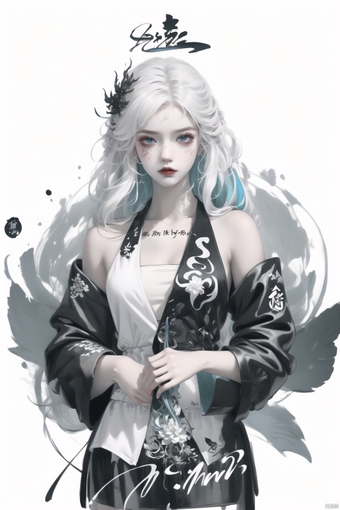 ,(dramatic, gritty, intense:1.4),masterpiece, best quality,8k, insane details,hyper quality,ultra detailed, Masterpiece,(calligraphy:1.4),(ether colorful ink flowing:1.3),1girl,A shot with tension,white hair,exposed collarbone,sideways,Simple background, Ink scattering_Chinese style,yjmonochrome,Ink and wash style, fenhong, 1girl, Gothic, lotus leaf, Ultra-detail green Chinese dragon, yingjacket and yingshorts,glowing,sleeve, liuguang