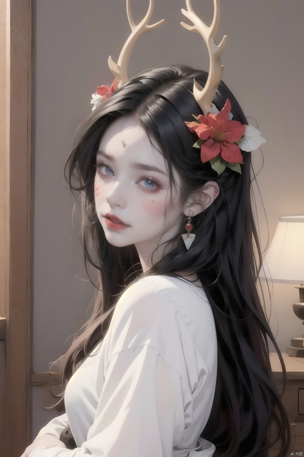  (masterpiece:1.2),best quality,highres,extremely detailed CG,perfect lighting,8k wallpaper,anime,comic,game CG,1girl,solo,rabbit tail,blue eyes,hair ornament,looking at viewer,chinese clothing,hanfu,hair flower,antlers,flower,simple background,facial mark,long sleeves,upper body,hand up,spot color,whisker markings,wide sleeves,from side,tassel,closed mouth,blush,hand on own chin,bangs,sash,parted lips,, FF