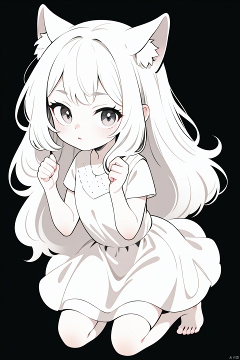 A lovely Lori, (loli:1.4),animal ears, Pink ears,kneeling on the ground, small skirt, simple lines, black and white color, (white background:1.3), long hair, bare foot,white dress, jjmx
