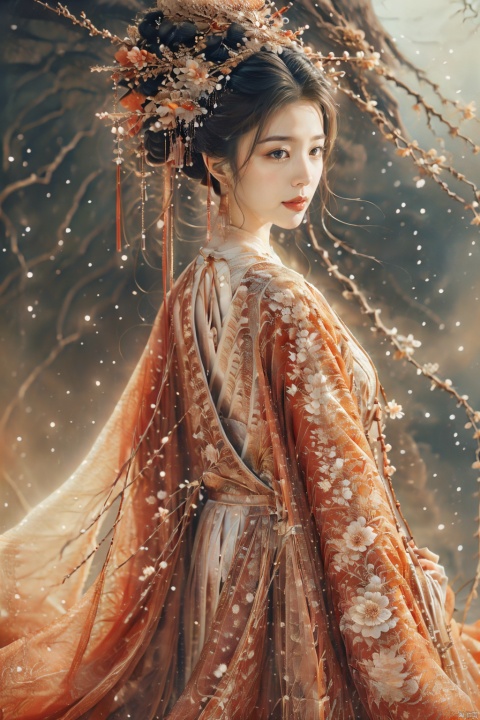  1girl,,This picture depicts a surrealistic image of a woman blending with natural elements. A woman stands in a desolate scene,her back and hair gradually turning into branches and twigs of a tree. A few flowers bloomed on the branch,as if she were a tree growing flowers. She was wearing a flowing white long skirt,with the hem spread out on the ground,interweaving with the lines of the tree roots. This woman's posture is sideways facing backwards,facing the mist in the distance,as if she is gazing or contemplating. The color contrast,light and shadow processing,and theme conception in this picture are all very captivating,creating a feeling of combining fantasy and reality. Overall,images convey an artistic concept that combines natural and human forms,full of symbolic meaning and inner emotional expression.,smile, monkren, liuyifei, linkedress_red dress