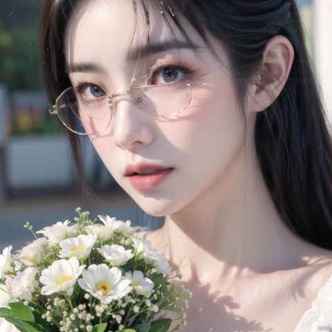  girl, sunshine, aesthetic,bright light,night, 2k, aomei, luolitou, 1girl,bust, Add details, shine eyes01,ponytail,color contact lenses,blouse under coat, Aristocrat, eldest lady,(bouquet in hand:1.2), solo, looking_at_viewer,thin, Reasonable grip posture,(wearing glasses:1.4),16 years old girl, light_line,water,water drop, gorgeous,multiple_colors,,sunlight, galaxy,realistic, purple eyes, multiple_colors_eyes,++, songzuer