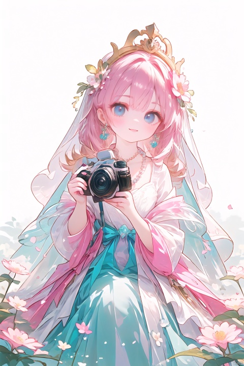  Golden micro-curly hair, exquisite headdress, lovely, pink veil, ((looking at the camera)), flower earrings, pearl necklace, small fresh, blue eyes, eyelashes, sweet smile, holding a bunch of pink flowers, Mori super fairy dream simple pink princess veil.