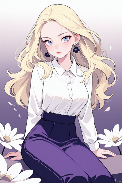 1girl, solo, long hair, looking at viewer, blue eyes, skirt, blonde hair, shirt, long sleeves, jewelry, sitting, closed mouth, white shirt, flower, earrings, puffy sleeves, lips, blue skirt, head tilt, grey eyes, wavy hair, blouse, pink flower, purple skirt, long skirt