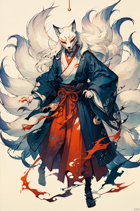 solo, long hair, looking at viewer, long sleeves, 1boy, animal ears, jewelry, standing, tail, full body, white hair, male focus, japanese clothes, barefoot, kimono, fingernails, torn clothes, fox ears, mask, fox tail, facial mark, multiple tails, hakama, rope, claws, colored sclera, sharp fingernails, magatama, shimenawa, fox mask, white fur, kitsune, kyuubi,cmwl