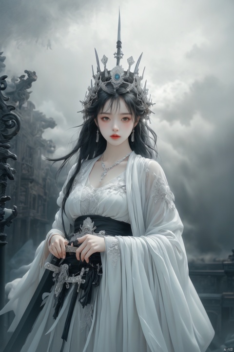  ((best quality)), ((masterpiece)), ((ultra-detailed)), (illustration), (detailed light), (an extremely delicate and beautiful),((a beautiful girl:1.35)),((cowboy shot)),standding,
1girl,long white hair,Silver Eyes,((dark:1.3) fog adorns aroundl detailed Grey cloak)
(she carry
(black_(fog:1.1) embedded in the (black:1.1) Heavy Sword:1.3),
Negative space,background detailed, peeing, drakan_longdress_crown