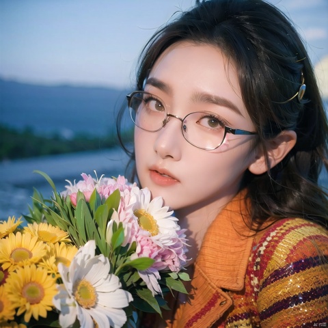  girl, sunshine, aesthetic,bright light,night, 2k, aomei, luolitou, 1girl,bust, Add details, shine eyes01,ponytail,color contact lenses,blouse under coat, Aristocrat, eldest lady,(bouquet in hand:1.2), solo, looking_at_viewer,thin, Reasonable grip posture,(wearing glasses:1.4),16 years old girl, light_line,water,water drop, gorgeous,multiple_colors,,sunlight, galaxy,realistic, purple eyes, multiple_colors_eyes,++, songzuer