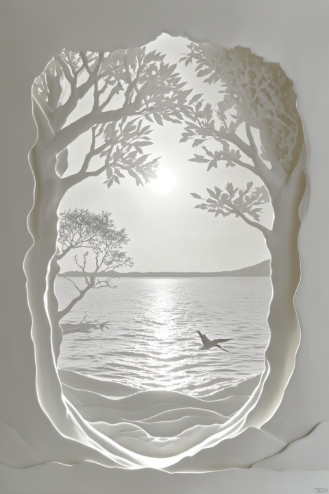  fdjz,tree,sun,sea,water,no humans,bird,Monochrome, white theme