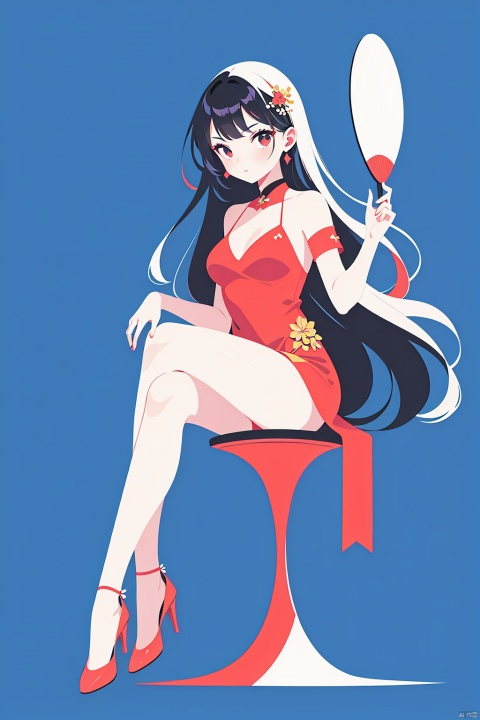  1girl, solo, long hair, looking at viewer, black hair, hair ornament, white background, dress, holding, bare shoulders, sitting, full body, high heels, crossed legs, hand fan, red dress,Blue background