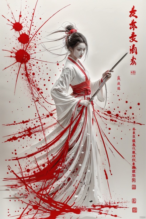  a girl, smwuxia,chinese text,blood, weapon:sw,blood splatter,motion blur,text，full body,hanfu, looking,