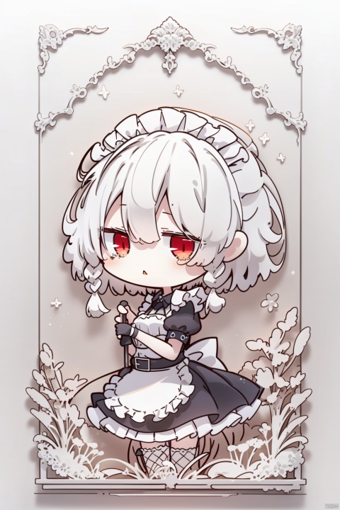  1girl, maid headdress, maid apron, izayoi sakuya, solo, best quality, detailed, black background, simple background, cowboy shot, looking at viewer, standing, holding knife, parted lips, red eyes, hair between eyes, white hair, short hair, silver hair, twin braids, bangs, medium breasts, fingerless gloves, black gloves, fishnet thighhighs, black dress, white apron, waist apron, frilled apron, petticoat, puffy short sleeves, black belt, wing collar, fingernails, red nails, nail polish, hand up, wrist cuffs, bow, buckle,fdjz