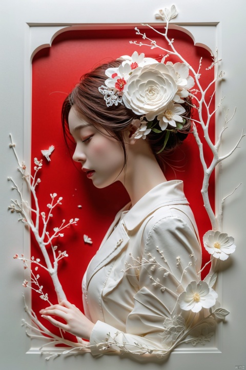 1girl, solo, hair ornament, closed eyes, flower, hair flower, from side, lips, profile, bird, bug, stairs, branch,fdjz