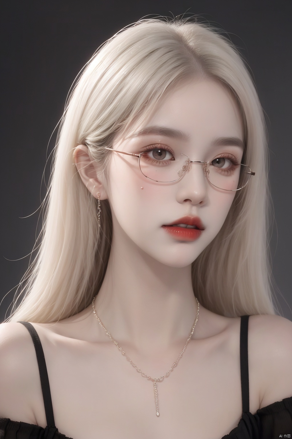  A girl, long white hair, flowing hair, bust, close-up of face, bust, fair skin, necklace, masonry, gem, ear chain, clavicle, off-the-shoulder, exquisite facial features and makeup.Red lips and delicate eye makeup.Delicate hair,Glasses, glasses,Wearing glasses,
( Best Quality: 1.2 ), ( Ultra HD: 1.2 ), ( Ultra-High Resolution: 1.2 ), ( CG Rendering: 1.2 ), Wallpaper, Masterpiece, ( 36K HD: 1.2 ), ( Extra Detail: 1.1 ), Ultra Realistic, ( Detail Realistic Skin Texture: 1.2 ), ( White Skin: 1.2 ), Focus, Realistic Art,liuguang,liuguang,bankuang