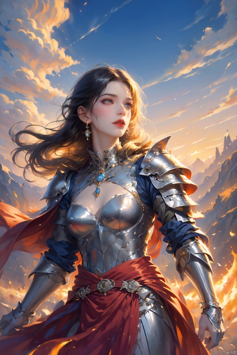 1 girl, dragon companion, medieval castle ruins, misty mountains, ancient forests, armor with intricate designs, sword and shield in hand, determined stance, fiery red cape billowing in the wind, sunset glow illuminating the scene, rugged terrain, stone path leading into the distance, dramatic clouds overhead, wild animals lurking in the shadows, sense of adventure and bravery, epic storytelling, atmospheric perspective, dynamic composition, rich textures, bold colors, chiaroscuro lighting, cinematic quality, mythical journey, grand scale.