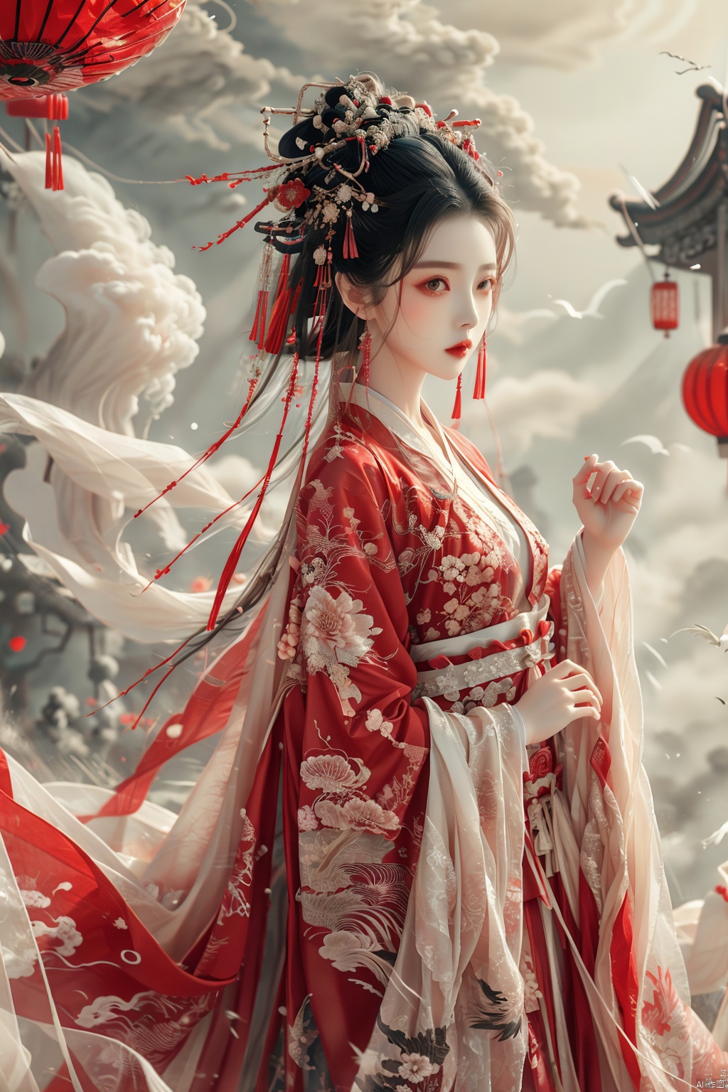 An ancient China girl, dressed in China ancient Hanfu, hung with red, China red and red lanterns, was photographed from the side, all over her body, her hair stuck and her hair flowered., xianjing crane hanfu cloud branch flower, linkedress_red dress