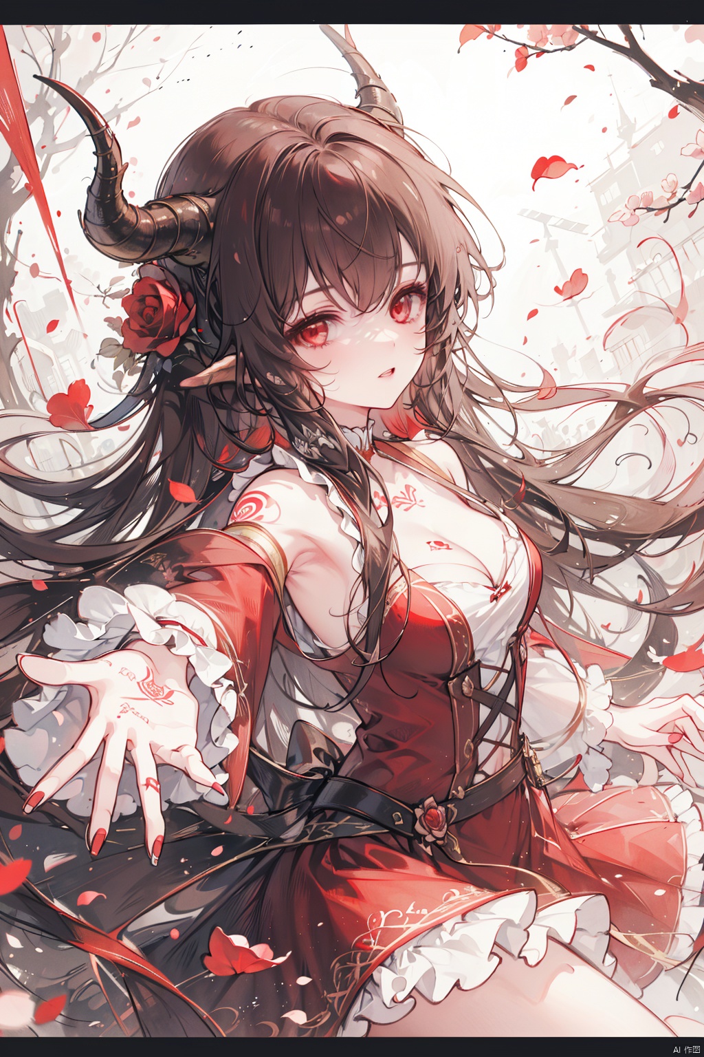  1girl, solo, best quality, looking at viewer, outstretched arm, reaching out, outstretched hand, falling petals, horns, red eyes, brown hair, long hair, cleavage, tattoo, red dress, detached sleeves, bare shoulders, frills, fingernails, letterboxed, rose petals, foreshortening