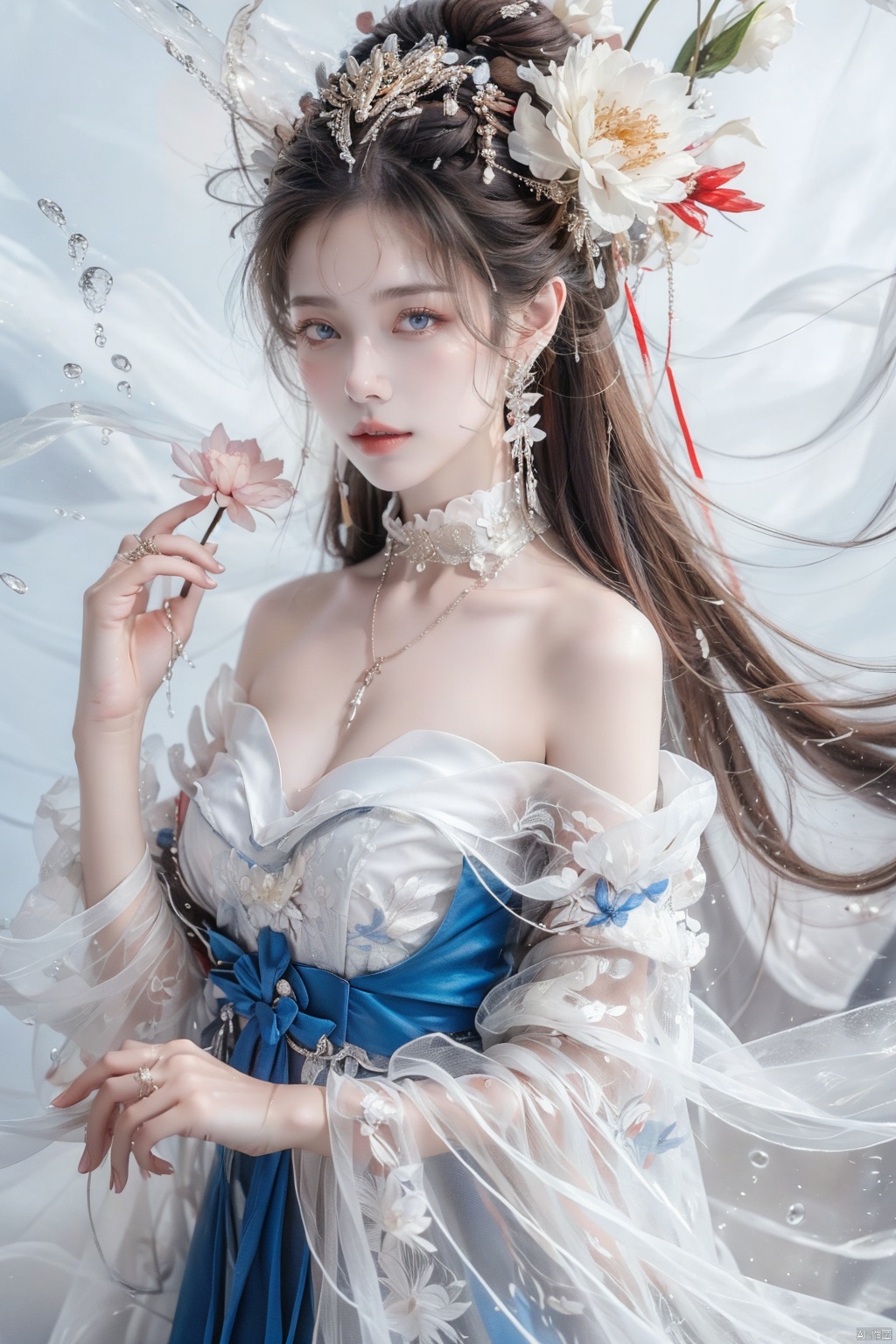  1girl, solo, dress, long_hair, white_dress, flower, bare_shoulders, looking_at_viewer, blue_eyes, blue_flower, short_sleeves, bangs, holding_flower, holding, strapless_dress, water, breasts, hands_up, very_long_hair, hair_between_eyes, frilled_dress, strapless, white_hair, frills, detached_sleeves, puffy_sleeves, white_choker, puffy_short_sleeves, choker, covering_mouth, water_drop, collarbone, off_shoulder, off-shoulder_dress