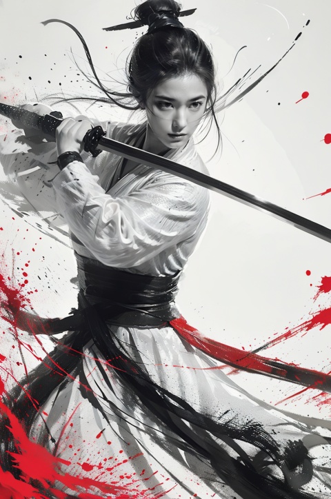  a girl, smwuxia,Chinese text,blood, weapon:sw,blood splatter,motion blur