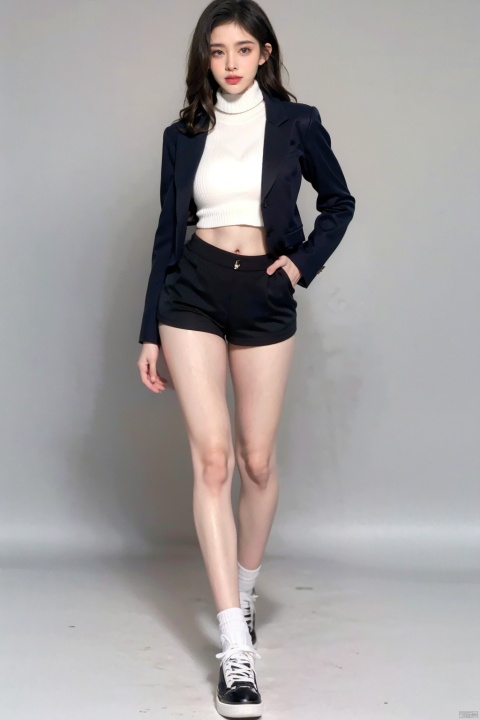 A girl, full body photo, long legs, outdoor, (Pure gray background: 1.1),.full body,long legs,White suspender, black laser suit jacket, micro-curly long hair, revealing belly, revealing navel, black high waist shorts, hip-wrapped shorts, white shoes.Gaze at the audience