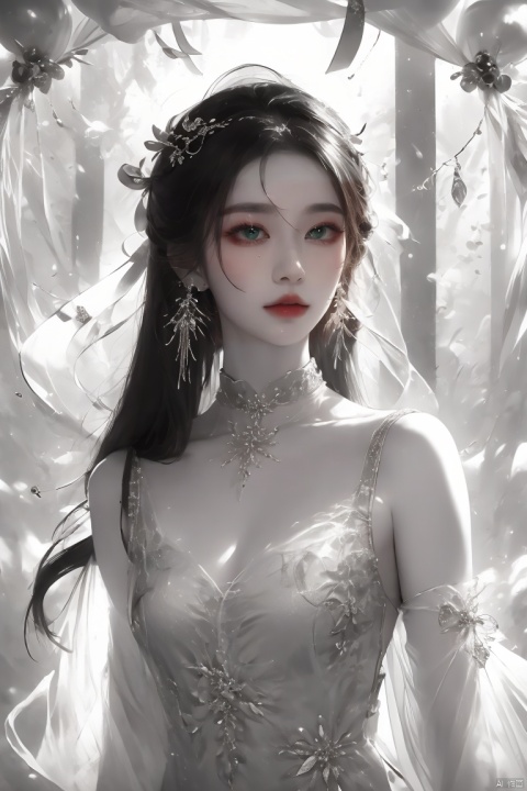  masterpiece, best quality, ice, A girl, silk, cocoon, spider web, Solo, Complex Details, Color Differences, Realistic, (Moderate Breath), Green Eyes, Earrings, Sharp Eyes, Perfect Fit, Choker, Dim Lights, cocoon, transparent, jiBeauty, Ink scattering_Chinese style, hydress-hair ornaments,yjmonochrome, liuguang, eyeglasses