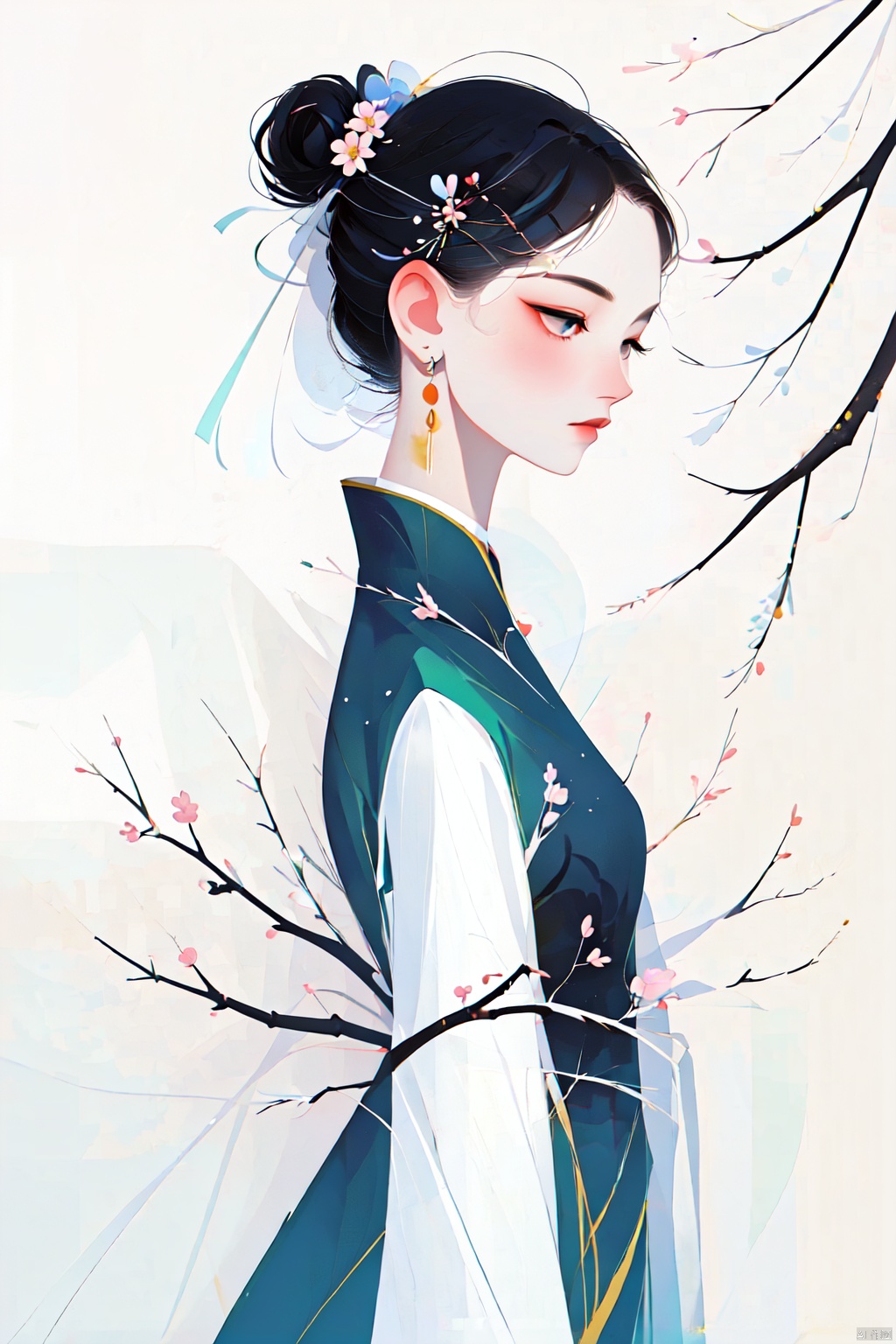 1girl, solo, black hair, hair ornament, long sleeves, dress, holding, closed mouth, upper body, flower, hair flower, hair bun, from side, umbrella, chinese clothes, holding umbrella, branch
