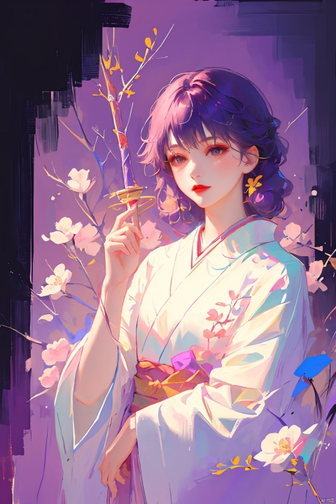 1girl, purple hair, dark purple hair, purple clip on hair, wearing Japanese clothes, Japanese clothes, purple and white Japanese clothes, holding a sword, holding a purple shiny sword, glowing purple sword, Japanese type sword, background charry blossom trees, beautiful pinkish charry blossom trees, dark purple sky, look at the view, lora:more_details:0.5, vibrant colors, masterpiece, sharp focus, best quality, depth of field, cinematic lighting, lora:more_details:0.5, （\personality\）, meiren-red lips, bpwc