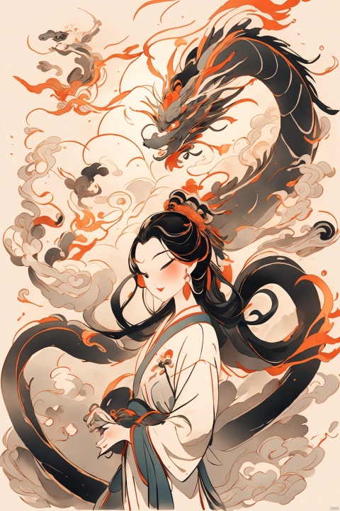  HTTP,HTTP2, 1girl, long hair, black hair, hanfu, waves, eastern dragon, dragon, solo, very long hair, fine art parody, sun, fish, white shirt, dunhuang_cloths, Chinese dragons_ink and wash styles_misty clouds_ancient paintings_flames