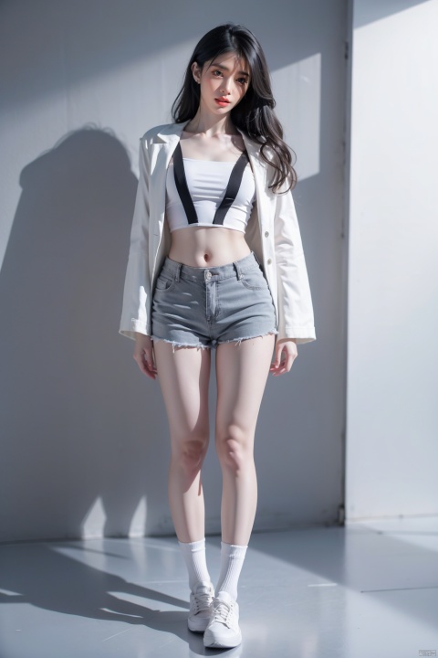 A girl, full body photo, long legs, indoor, (Pure gray background: 1.1),.Keywords studio, sunlight, realism, artistic atmosphere, artistic photo,full body,long legs,White suspender, black laser suit jacket, micro-curly long hair, revealing belly, revealing navel, black high waist shorts, hip-wrapped shorts, white shoes.Gaze at the audience