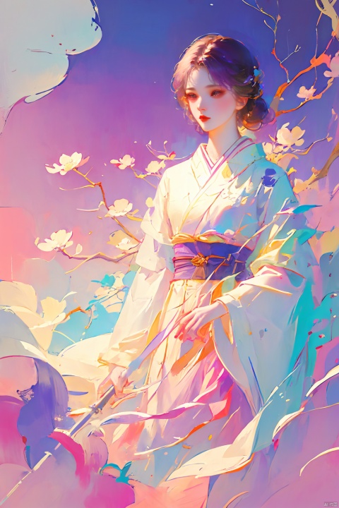 1girl, purple hair, dark purple hair, purple clip on hair, wearing Japanese clothes, Japanese clothes, purple and white Japanese clothes, holding a sword, holding a purple shiny sword, glowing purple sword, Japanese type sword, background charry blossom trees, beautiful pinkish charry blossom trees, dark purple sky, look at the view, lora:more_details:0.5, vibrant colors, masterpiece, sharp focus, best quality, depth of field, cinematic lighting, lora:more_details:0.5, （\personality\）, meiren-red lips, bpwc, guoflinke