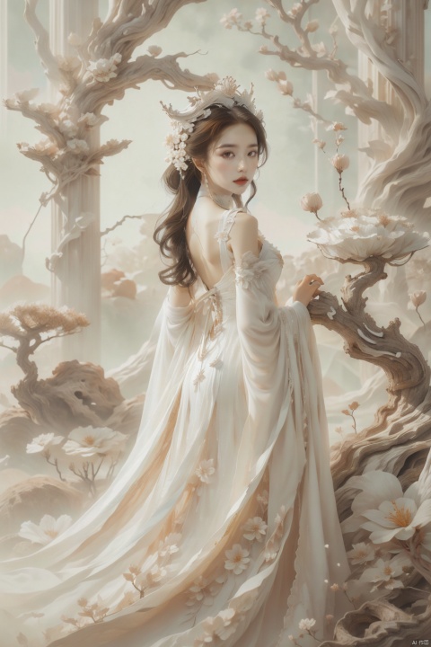  1girl,,This picture depicts a surrealistic image of a woman blending with natural elements. A woman stands in a desolate scene,her back and hair gradually turning into branches and twigs of a tree. A few flowers bloomed on the branch,as if she were a tree growing flowers. She was wearing a flowing white long skirt,with the hem spread out on the ground,interweaving with the lines of the tree roots. This woman's posture is sideways facing backwards,facing the mist in the distance,as if she is gazing or contemplating. The color contrast,light and shadow processing,and theme conception in this picture are all very captivating,creating a feeling of combining fantasy and reality. Overall,images convey an artistic concept that combines natural and human forms,full of symbolic meaning and inner emotional expression.,smile, monkren, liuyifei, drakan_longdress_crown