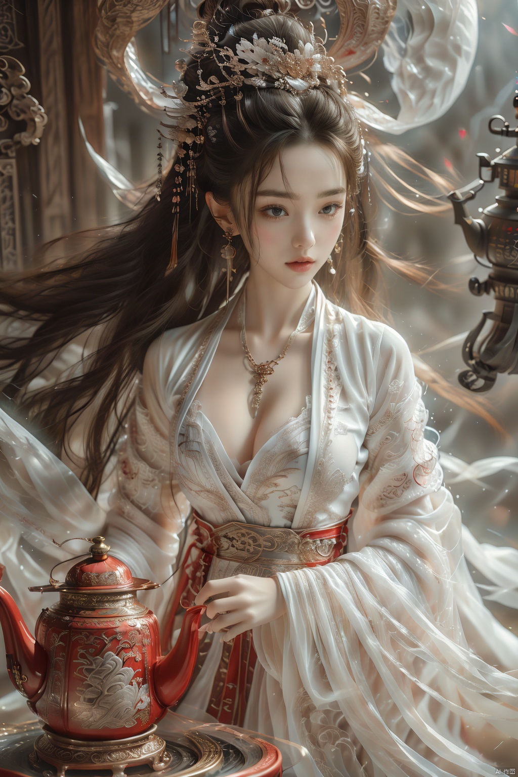  1 girl, long black hair, big chest, Chinese dress, cleavage, cup, clothes, earrings, hair decoration, Hanfu, interior, jewelry, canteen, lamp, lantern, lips, realistic, transparent, solo, ancient table, screen, teapot, wide sleeve, full moon, night, lying down, wunv