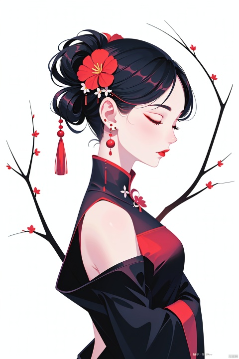  1girl, solo, black hair, hair ornament, long sleeves, dress, bare shoulders, jewelry, closed mouth, closed eyes, upper body, flower, earrings, hair flower, off shoulder, from side, makeup, chinese clothes, red dress, red flower, backless outfit, branch, red lips，Chinese text