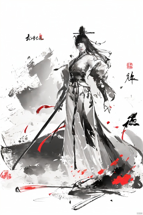 A girl, Chinese style, knight-errant, elegant long skirt, martial arts, Keywords ink bamboo, bamboo forest,with pieces of ink bamboo behind her, all taken, Ink scattering_Chinese style, Anime, yjmonochrome, smwuxia Chinese text blood weapon:sw, long yedress and white blindfold