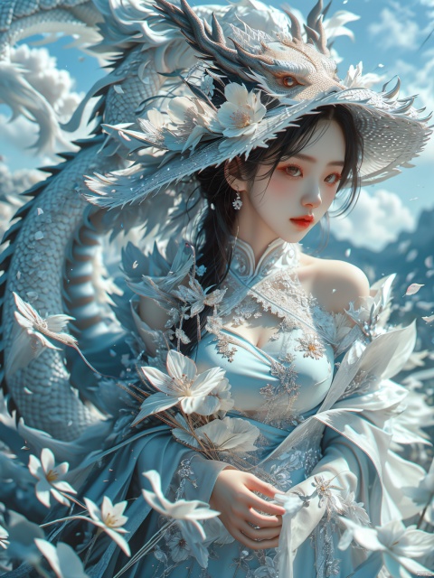  masterpiece, 1 girl, 18 years old, Look at me, long_hair, straw_hat, Wreath, petals, Big breasts, Light blue sky, Clouds, hat_flower, jewelry, Stand, outdoors, Garden, falling_petals, White dress, textured skin, super detail, best quality, Trainee Nurse, drakan_longdress_dragon crown_headdress