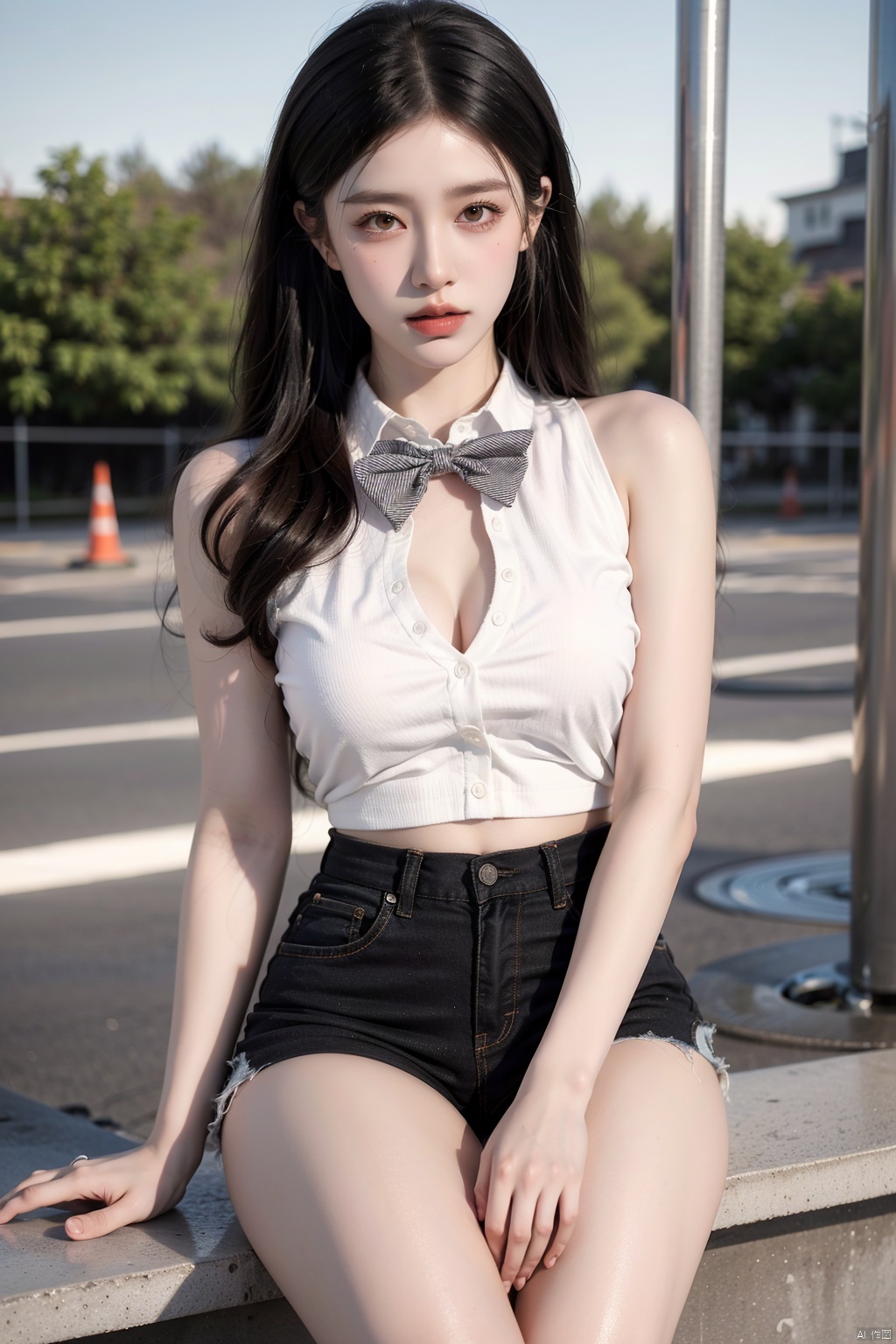  ( Best Quality: 1.2 ), ( Ultra HD: 1.2 ), ( Ultra-High Resolution: 1.2 ), ( CG Rendering: 1.2 ), Wallpaper, Masterpiece, ( 36K HD: 1.2 ), ( Extra Detail: 1.1 ), Ultra Realistic, ( Detail Realistic Skin Texture: 1.2 ), ( White Skin: 1.2 ), Focus, Realistic Art,

A girl,Outdoor, half-length, bare thighs, black high-waisted shorts and short black hair.Bow tie