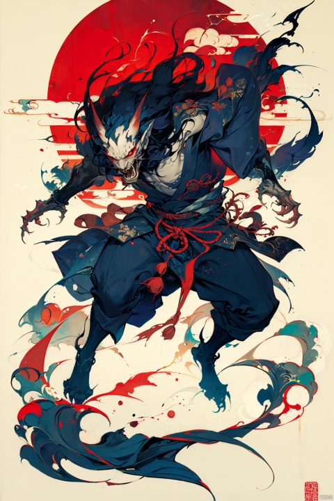 solo, long hair, looking at viewer, open mouth, red eyes, 1boy, full body, weapon, male focus, japanese clothes, pointy ears, sword, fingernails, fangs, claws, sharp fingernails,cmwl