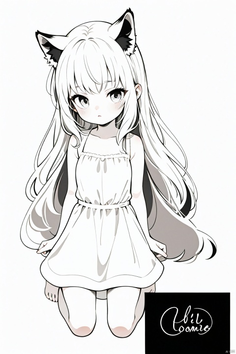 A lovely Lori, (loli:1.4),animal ears, kneeling on the ground, small skirt, simple lines, black and white color, white background, long hair, bare foot,white dress