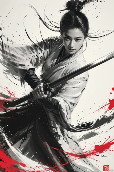  a girl, smwuxia,Chinese text,blood, weapon:sw,blood splatter,motion blur