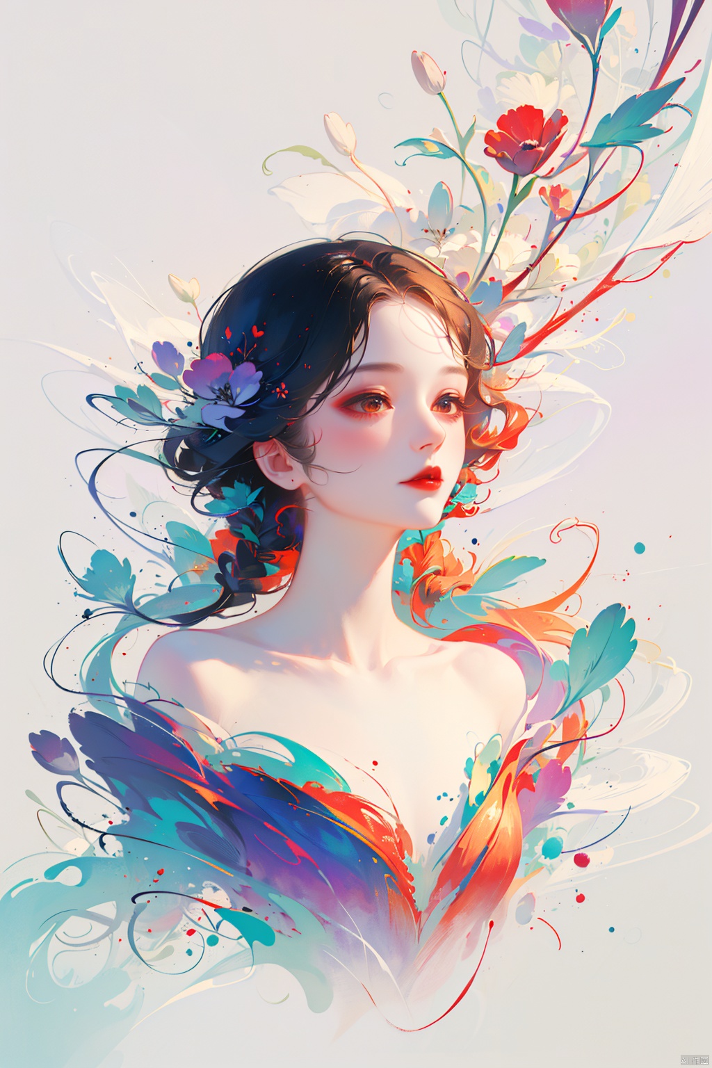  1girl, long hair, flower, Lisianthus, in the style of red and light azure, dreamy and romantic compositions, red, ethereal foliage, playful arrangements, fantasy, high contrast, ink strokes, explosions, over exposure, purple and red tone impression, abstract, whole body capture, ,
, 1girl, meiren-red lips, bpwc