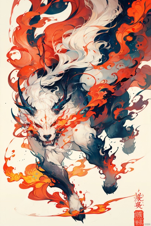 solo, long hair, red eyes, full body, white hair, horns, no humans, fire, claws, red horns, white fur,cmwl
