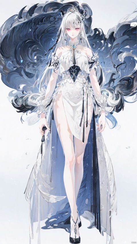 A girl, delicate makeup, (full body:1.3), colorful hair,long legs, delicate eye makeup,colorful hair,purple eyes, silver hair,fair skin,blisters, glowing jellyfish,(white background:1.4), fantasy style, beautiful illustration, White shiny clothes,complex composition, floating long hair, seven colors,Keywords delicate skin, luster, liquid explosion, Elegant clothes, Glowing shells,glowing seabed,streamer,1girl,smoke,colorfulveil,colorful,Shifengji, ( Best Quality: 1.2 ), ( Ultra HD: 1.2 ), ( Ultra-High Resolution: 1.2 ), ( CG Rendering: 1.2 ), Wallpaper, Masterpiece, ( 36K HD: 1.2 ), ( Extra Detail: 1.1 ), Ultra Realistic, ( Detail Realistic Skin Texture: 1.2 ), ( White Skin: 1.2 ), Focus, Realistic Art,fantasy,girl, long yedress and white blindfold