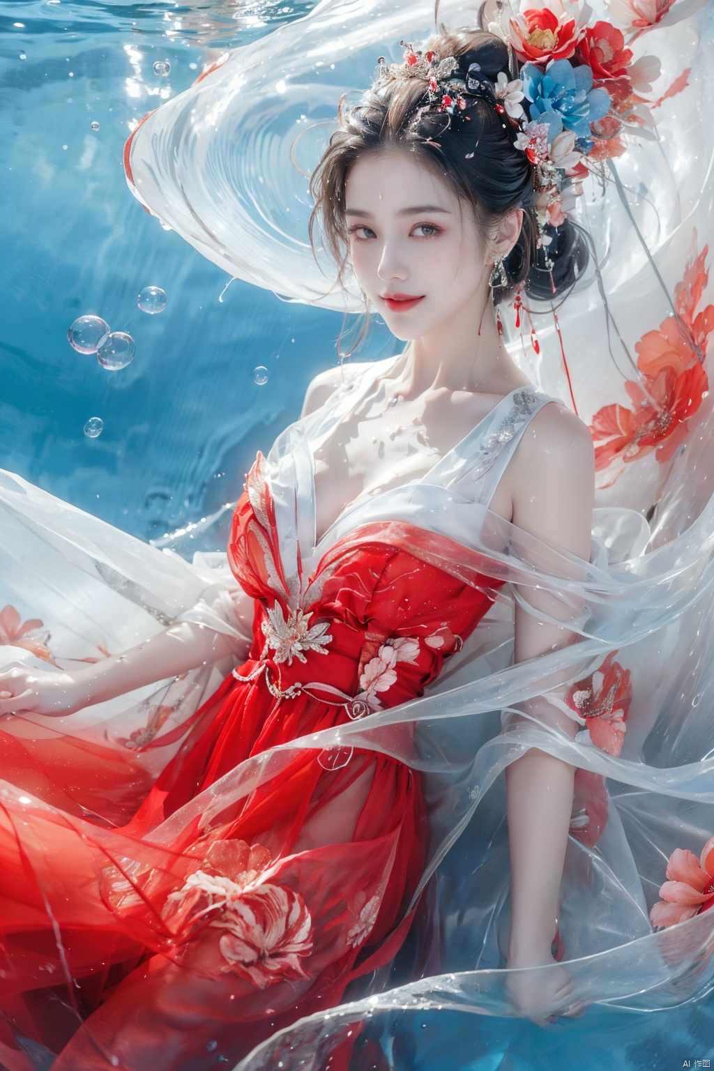  a dreamy and beautiful scene,flower dress,  green seawater,sea level,(there are many flowers on the clothes:1.3),frontlight,ambient_light,light_rays,Smile back, smile back,Water,Shut up and smile gently. fair and wet skin,(clarityblue:1.3),sexy,large chest,the girl is lying on the water surface,red dress,(a lot of flowers:1.3),ripples,ripple,dark blue,float,bubble,HDR,UHD,8K,best quality,masterpiece,realistic,highres,masterpiece,