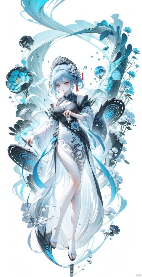  By ross tran, artgerm, 1girl, full body,Persian girl, exquisite facial features, Long legs, long legs, royal elder sister, Gao Lengfan,dark blue eyes, Lolita, chibi, fluorescent, blue light, purple light, front, 16k, high quality, blue lightning, glowing hair, floating hair, underwater creatures, glowing jellyfish, bubbles, peacock feathers, fantasy illustrations, camera watching, complex background, line art., drakan_longdress_dragon crown_headdress, Ink scattering_Chinese style