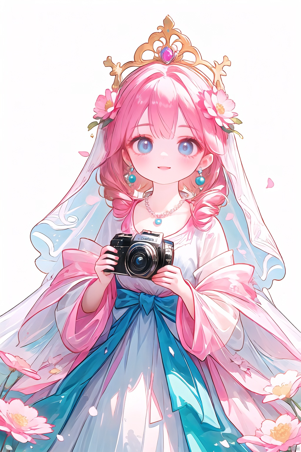  Golden micro-curly hair, exquisite headdress, lovely, pink veil, ((looking at the camera)), flower earrings, pearl necklace, small fresh, blue eyes, eyelashes, sweet smile, holding a bunch of pink flowers, Mori super fairy dream simple pink princess veil.