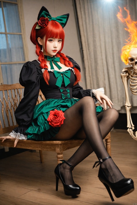  masterpiece,best quality,Realism,depth of field,lens_flare,loli, 1girl, animal ears, kaenbyou rin, solo, cat ears, red hair, dress, chain, skull, black footwear, pantyhose, looking at viewer, red eyes, flower, blunt bangs, hair ornament, long sleeves, green dress, parted lips, sitting, long hair, bow, hair flower, rose, lips, high heels, full body, braid, skeleton, black dress, frills, red lips, adapted costume, twin braids, blurry, shoes, breasts, bone, frilled sleeves, ribbon, twintails, hair bow, nose, knee up, frilled dress, extra ears, green bow, realistic, medium breasts, hair ribbon, dutch angle, leg up, indoors, makeup, red flower, alternate costume, black pantyhose, depth of field, leaning back, puffy sleeves, black bow, red rose, fire, short dress