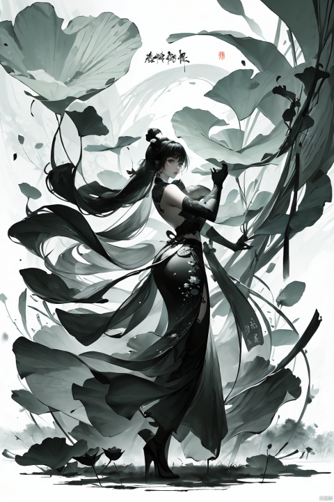  A girl, Chinese style, knight-errant, elegant long skirt, martial arts, Keywords ink bamboo, bamboo forest,with pieces of ink bamboo behind her, all taken, Ink scattering_Chinese style, Anime, yjmonochrome,yjmonochrome,Ink and wash style, colors, FF, lotus leaf